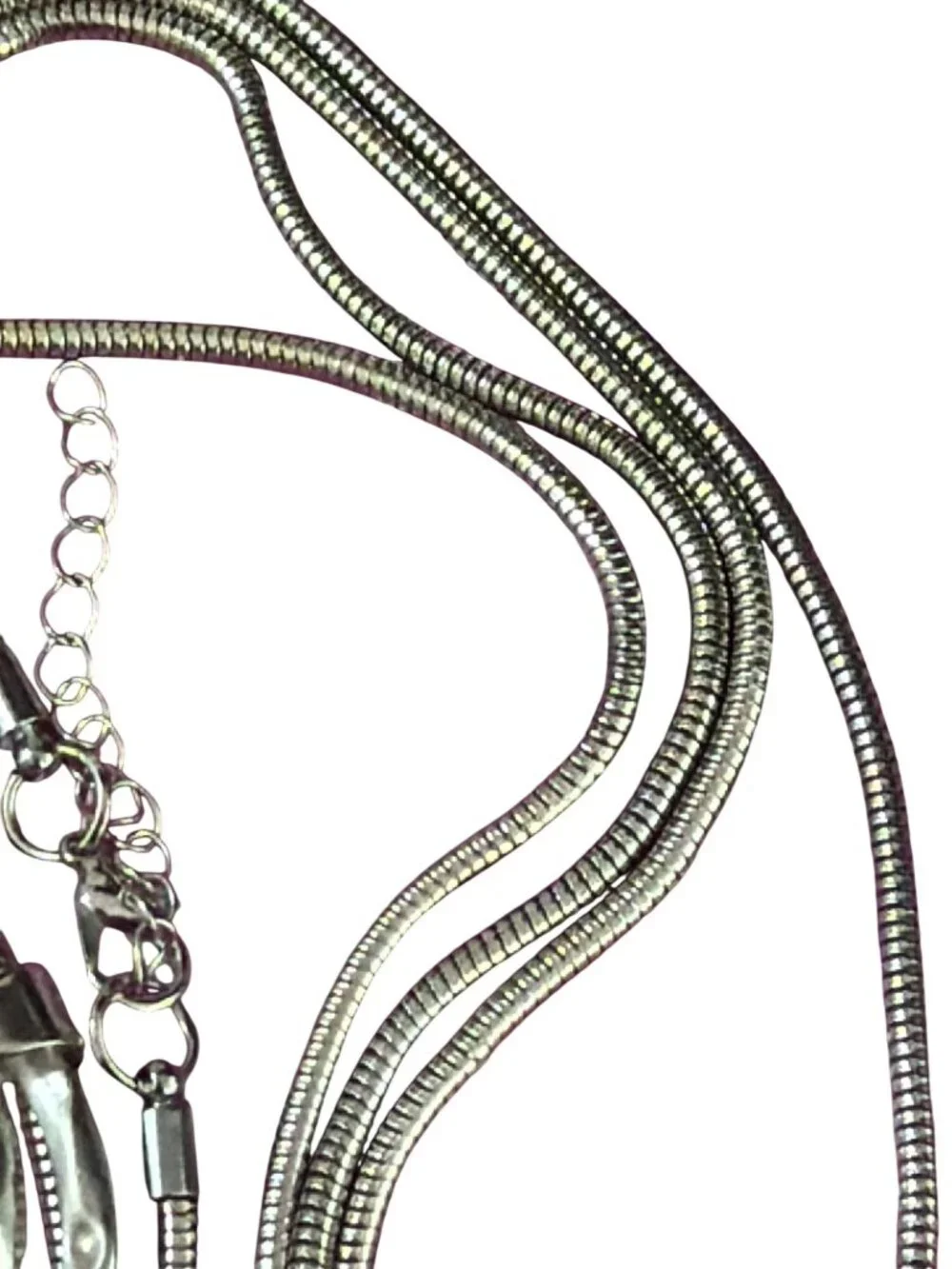 Silver Tone Long Snake Chain Necklace Double Hammered Open Oval Pendant Adj 36